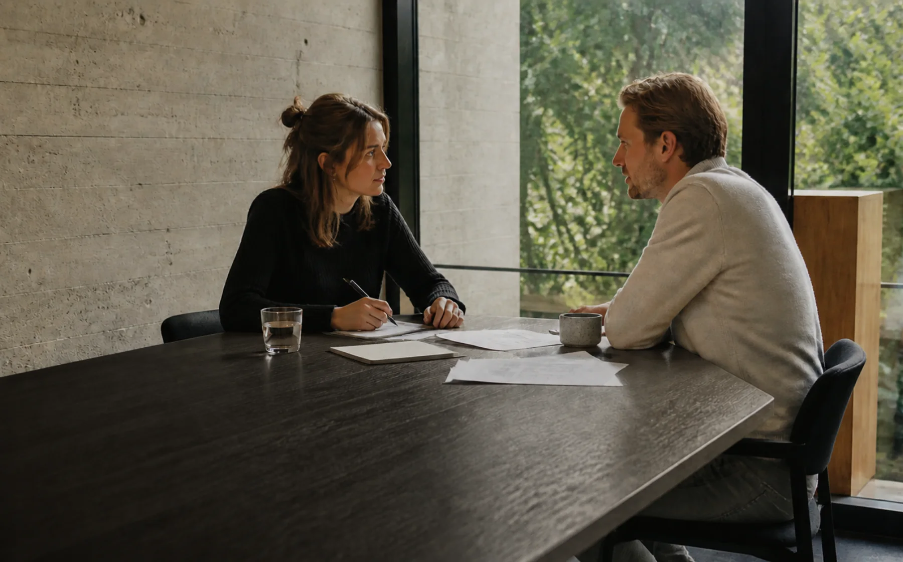 Twee mensen in een aandachtig juridisch gesprek